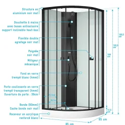 Aurlane Cabine de douche 1/4 de cercle 85x85x200 cm - Portes coulissantes - Fonds Blancs & Profilés Noir Mat