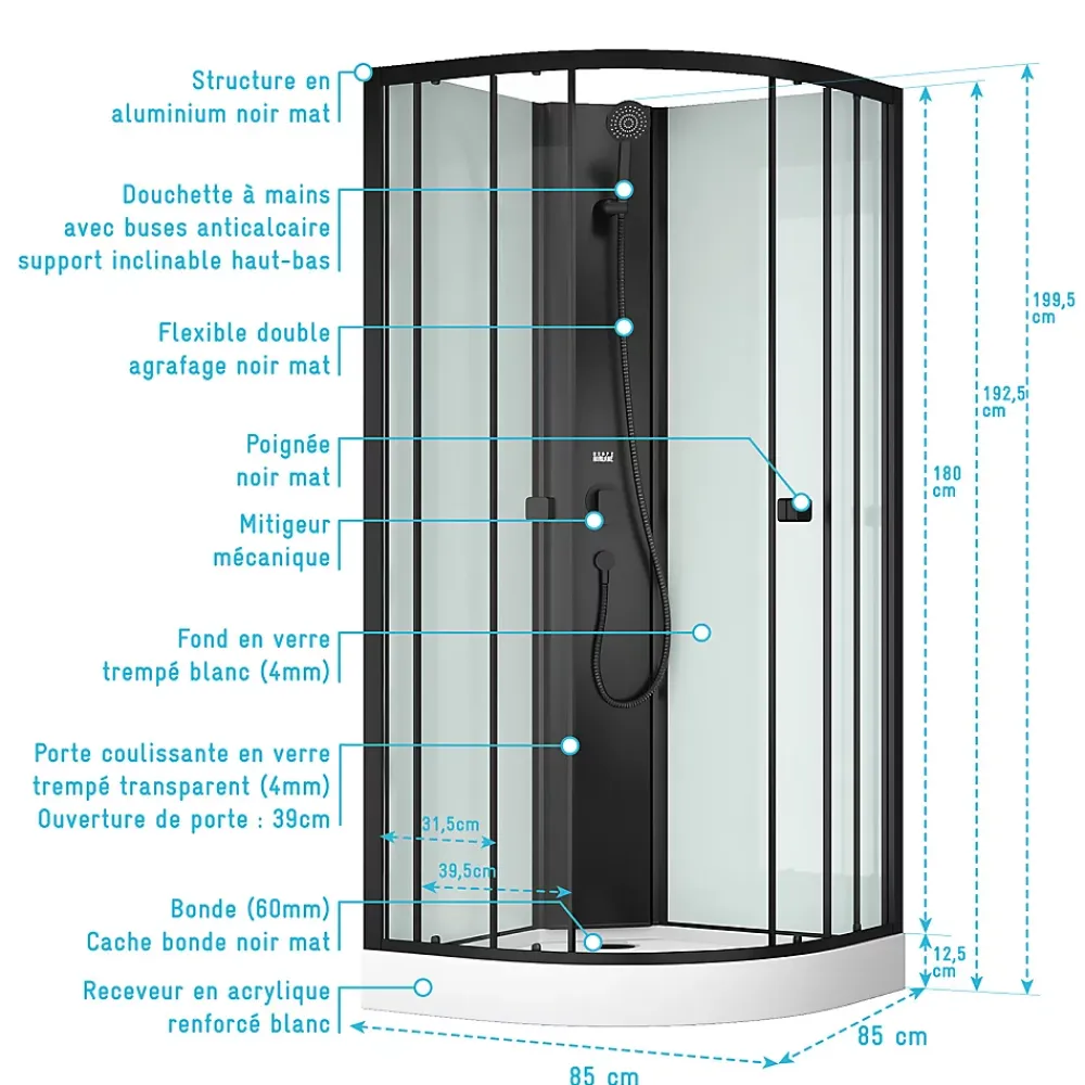Aurlane Cabine de douche 1/4 de cercle 85x85x200 cm - Portes coulissantes - Fonds Blancs & Profilés Noir Mat