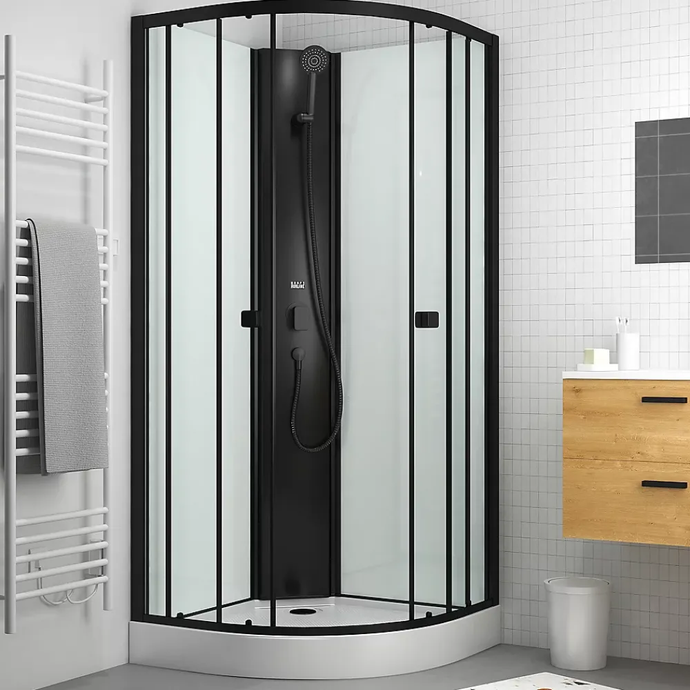 Aurlane Cabine de douche 1/4 de cercle 85x85x200 cm - Portes coulissantes - Fonds Blancs & Profilés Noir Mat