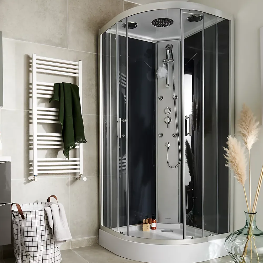 Cabine De Douche|GoodHome Cabine de douche 1/4 de cercle l.90 x L.90 x H.215 cm – hydromassante, gris anthracite, profilés chromés, montage rapide, Onega