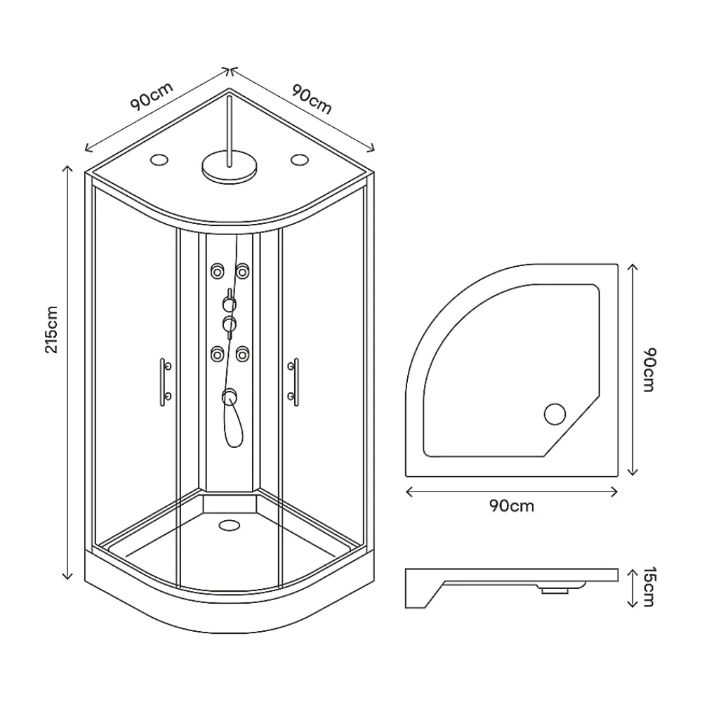 Cabine De Douche|GoodHome Cabine de douche 1/4 de cercle l.90 x L.90 x H.215 cm – hydromassante, gris anthracite, profilés chromés, montage rapide, Onega