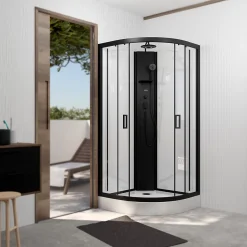 Aurlane Cabine de douche 1/4 de cercle 85x85x210/235 cm - Receveur + Fonds Blancs / Colonne + Profilés Noirs
