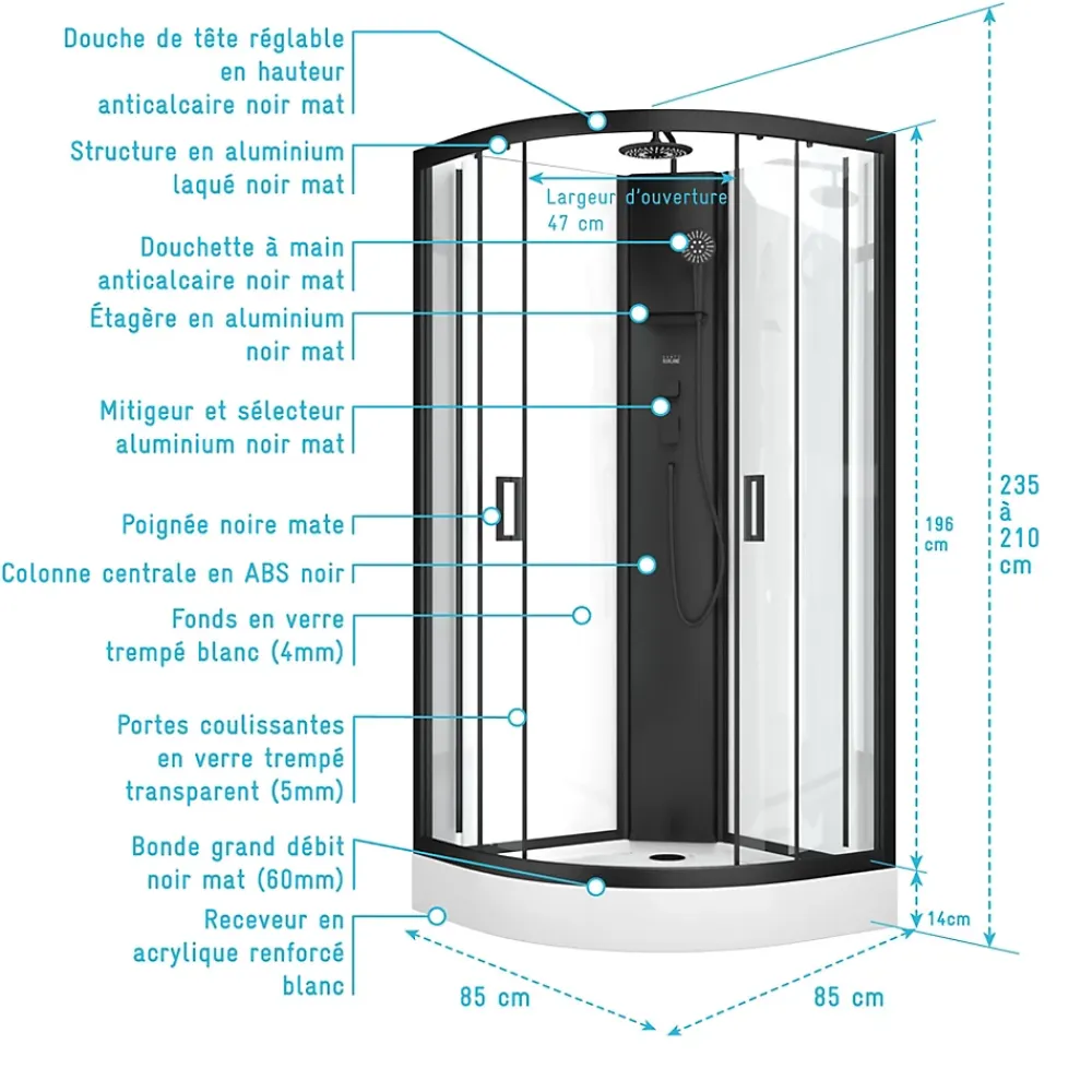 Aurlane Cabine de douche 1/4 de cercle 85x85x210/235 cm - Receveur + Fonds Blancs / Colonne + Profilés Noirs