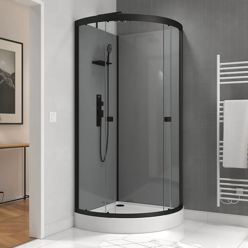 Galedo Cabine de douche 1/4 de cercle l.90 x L.90 x H.215 cm – équipements noir mat, grande ouverture, Grey Touch
