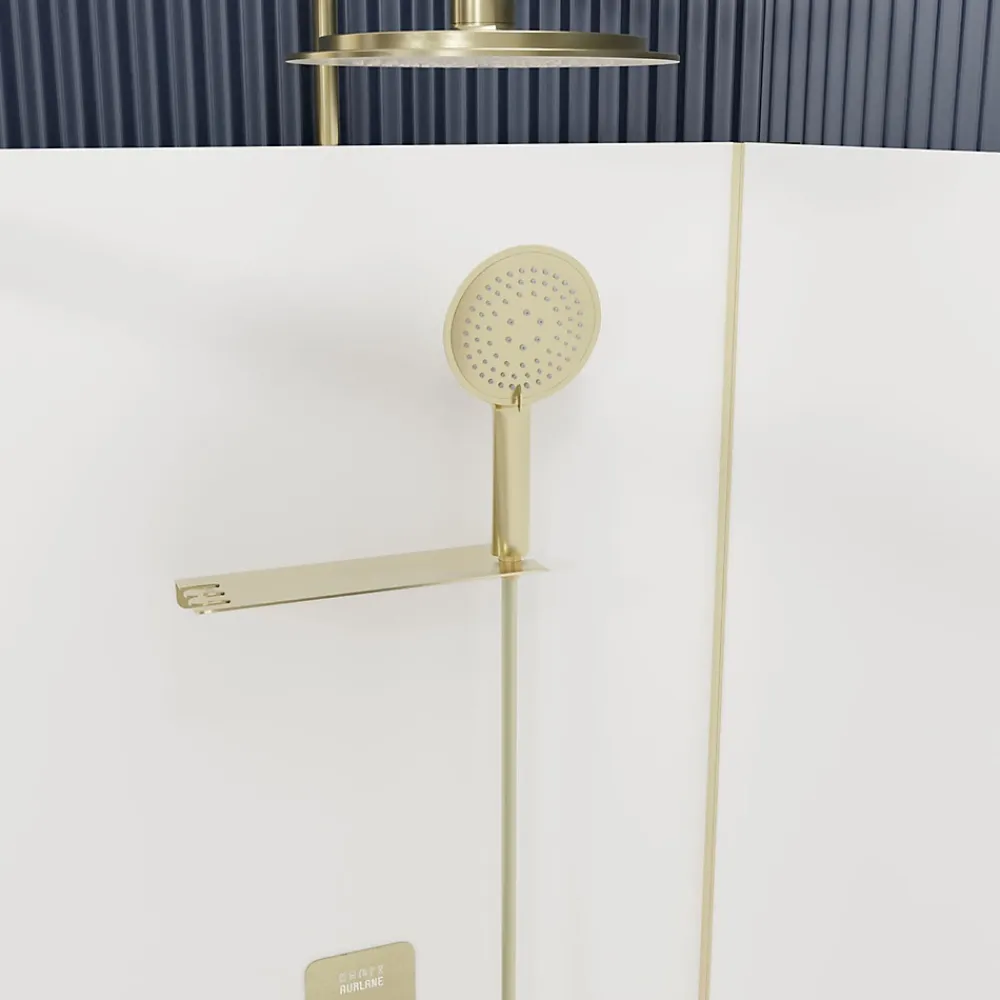 Galedo Cabine de douche 1/4 de cercle l.90 x L.90 x H.200 cm – fond blanc et profilés doré brossé, porte coulissante, Cabine Dorée