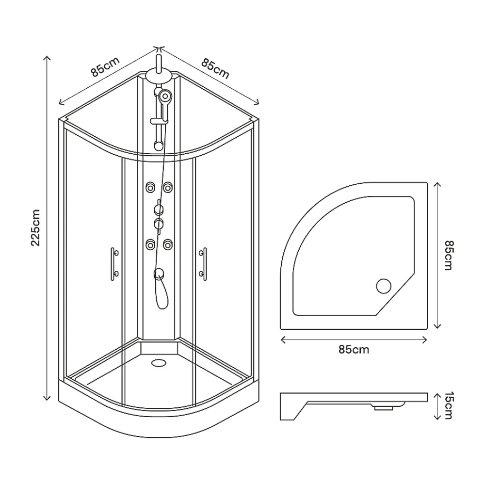 GoodHome Cabine de douche 1/4 de cercle l.85 x L.85 x H.225 cm – hydromassante, chromé, montage rapide, Onega