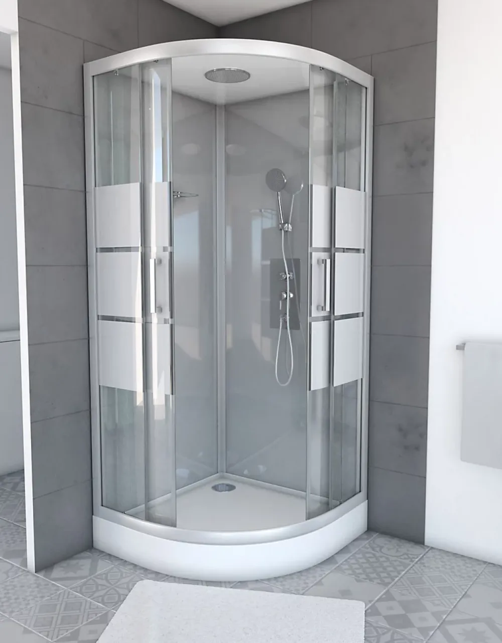 Cabine De Douche|Galedo Cabine de douche 1/4 de cercle l.90 x L.90 x H.215 cm – structure effet chrome, fond gris, sérigraphie 3 bandes, River 2 Round