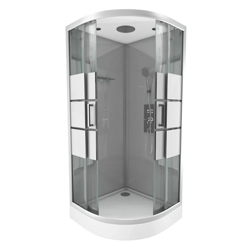 Cabine De Douche|Galedo Cabine de douche 1/4 de cercle l.90 x L.90 x H.215 cm – structure effet chrome, fond gris, sérigraphie 3 bandes, River 2 Round