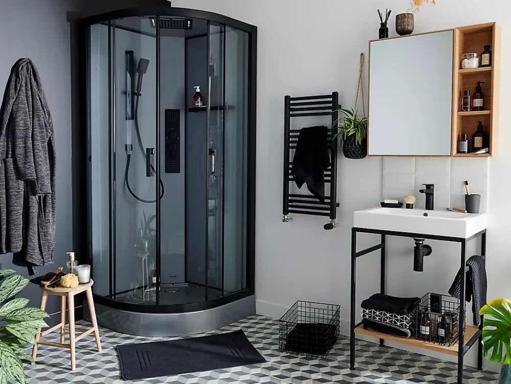 GoodHome Cabine de douche 1/4 de cercle l.90 x L.90 x H.220 cm – hydromassante, fond gris profilés noirs, traitement anticalcaire, Beloya