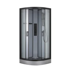 GoodHome Cabine de douche 1/4 de cercle l.90 x L.90 x H.220 cm – hydromassante, fond gris profilés noirs, traitement anticalcaire, Beloya