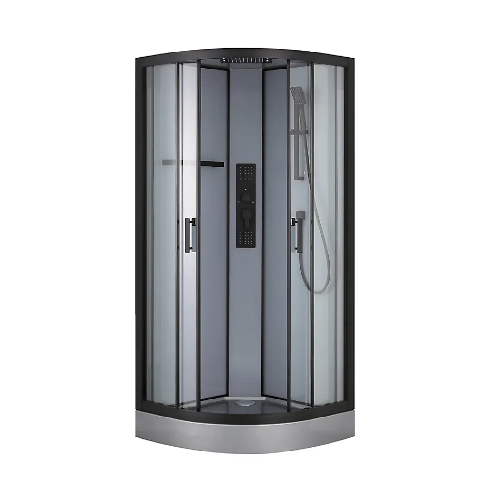 GoodHome Cabine de douche 1/4 de cercle l.90 x L.90 x H.220 cm – hydromassante, fond gris profilés noirs, traitement anticalcaire, Beloya