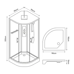 GoodHome Cabine de douche 1/4 de cercle l.90 x L.90 x H.220 cm – hydromassante, fond gris profilés noirs, traitement anticalcaire, Beloya