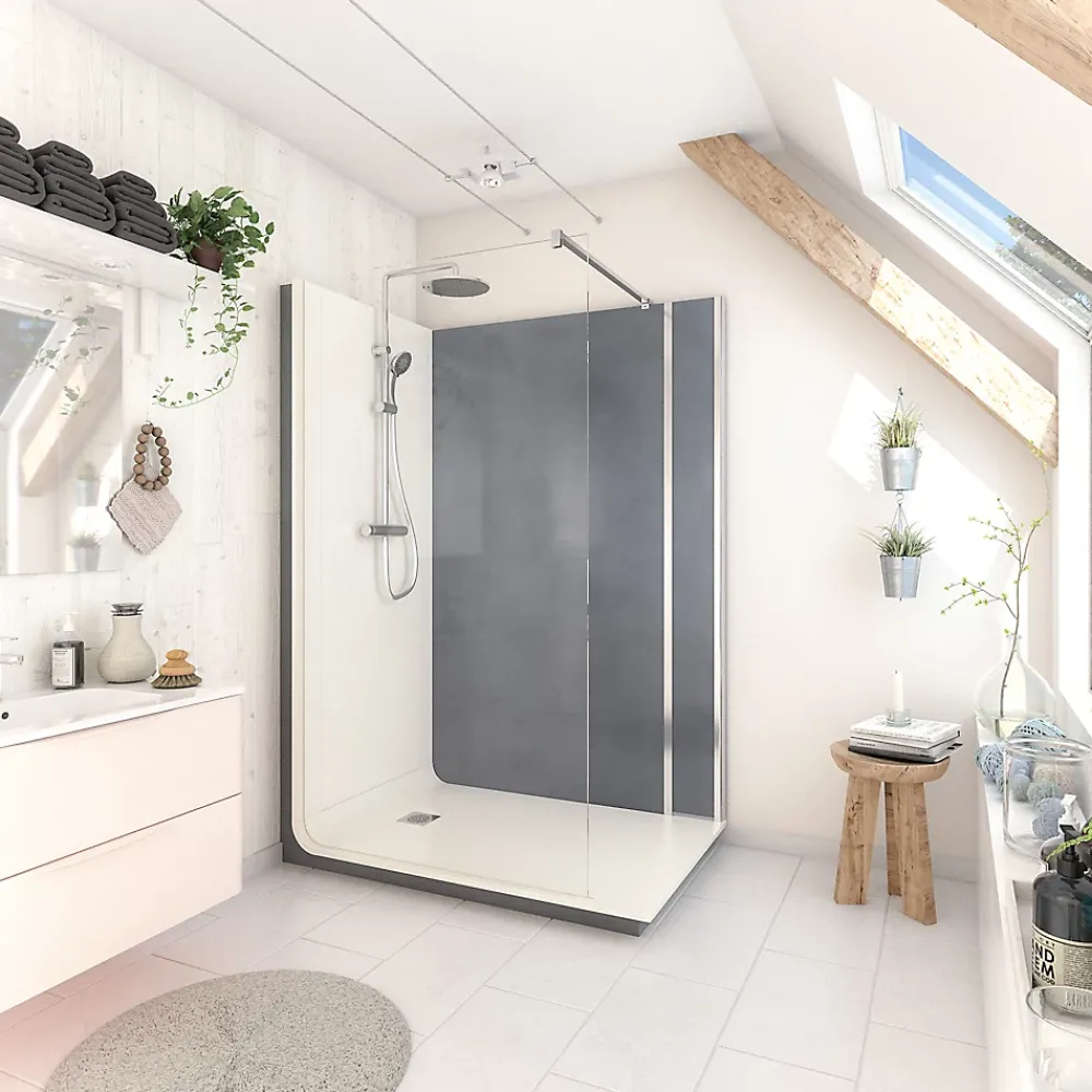 Cabine De Douche Pmr| Cabine de douche à l’italienne l.90 x L.140 x H.218 cm – effet béton, receveur de plain-pied, Elmer Serenity