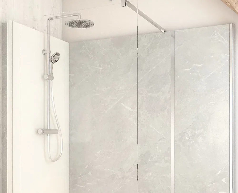 Cabine de douche à l’italienne l.90 x L.170 x H.218 cm – effet marbre gris, receveur de plain-pied, Elmer Serenity