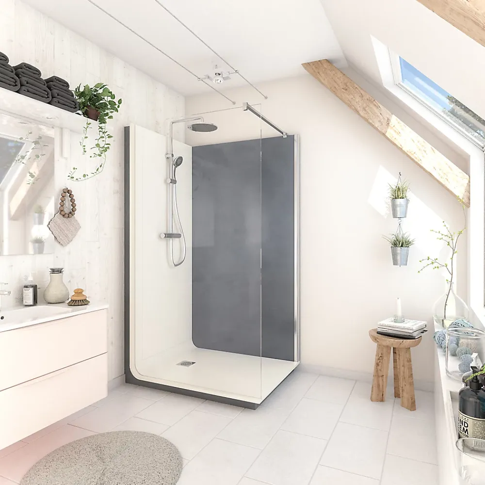 Cabine de douche à l’italienne l.80 x L.120 x H.218 cm – effet béton, receveur de plain-pied, Elmer Serenity