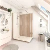 Cabine de douche à l’italienne l.80 x L.140 x H.218 cm – effet bois, receveur de plain-pied, Elmer Serenity