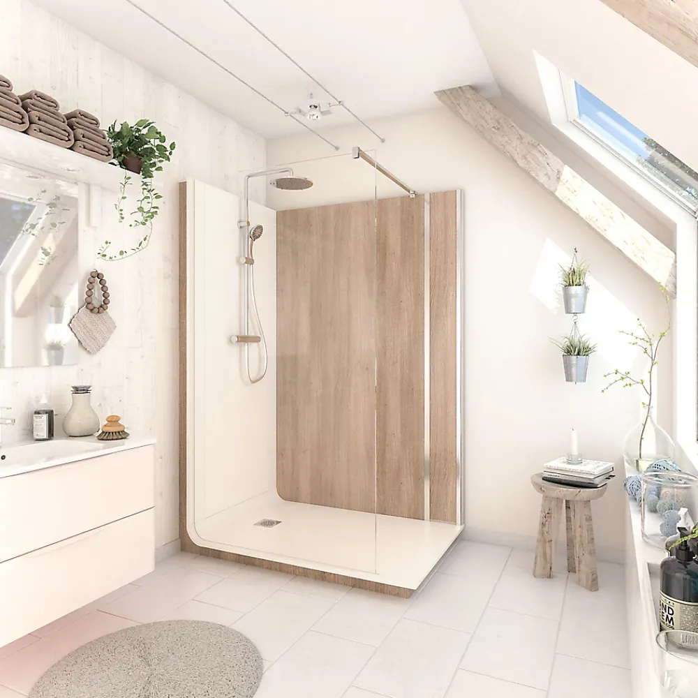 Cabine de douche à l’italienne l.80 x L.140 x H.218 cm – effet bois, receveur de plain-pied, Elmer Serenity