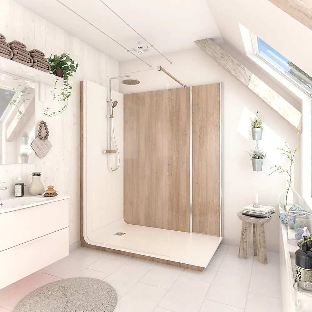 Cabine De Douche Pmr| Cabine de douche à l’italienne l.90 x L.160 x H.218 cm – effet bois, receveur de plain-pied, Elmer Serenity