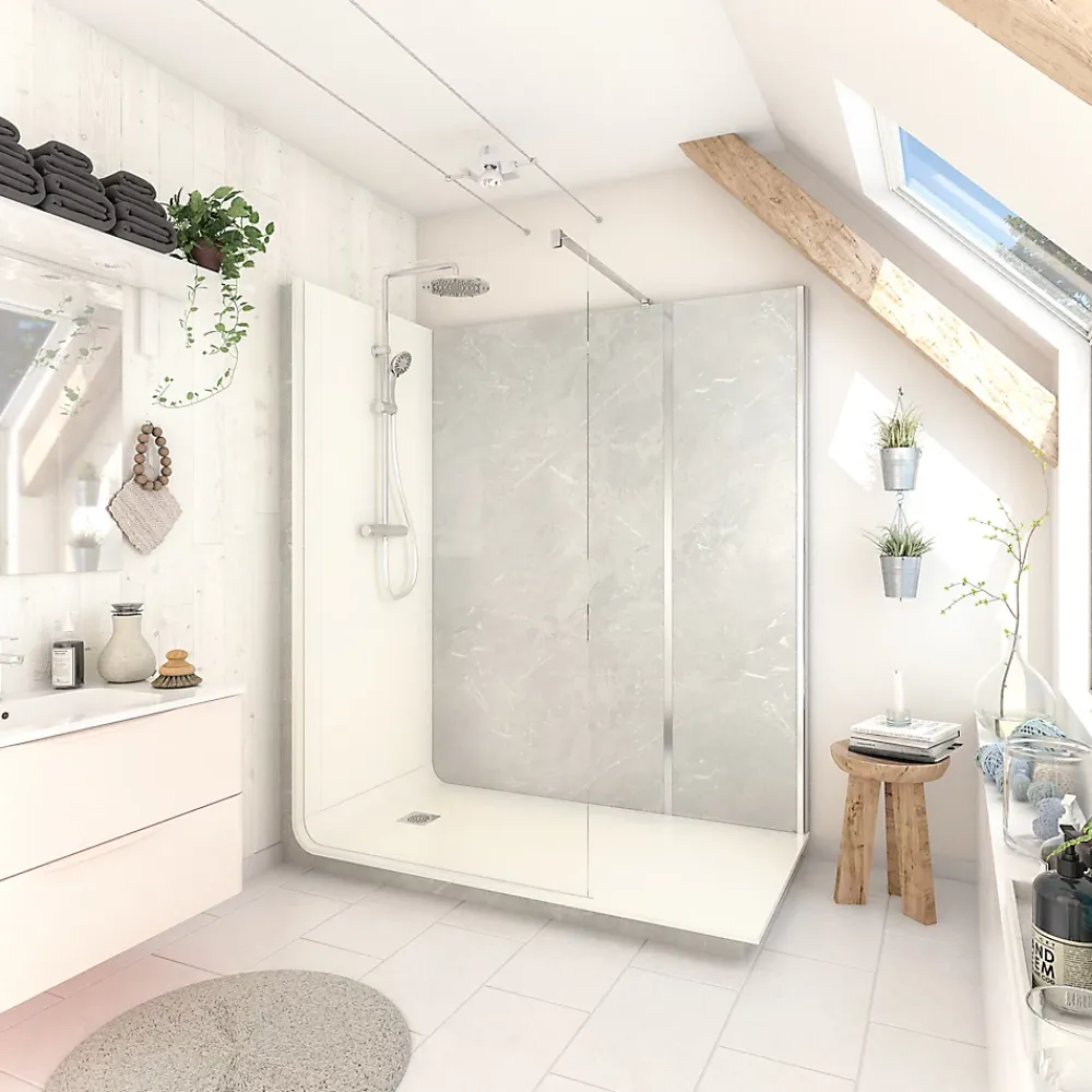 Cabine De Douche Pmr| Cabine de douche à l’italienne l.80 x L.170 x H.218 cm – effet marbre gris, receveur de plain-pied, Elmer Serenity