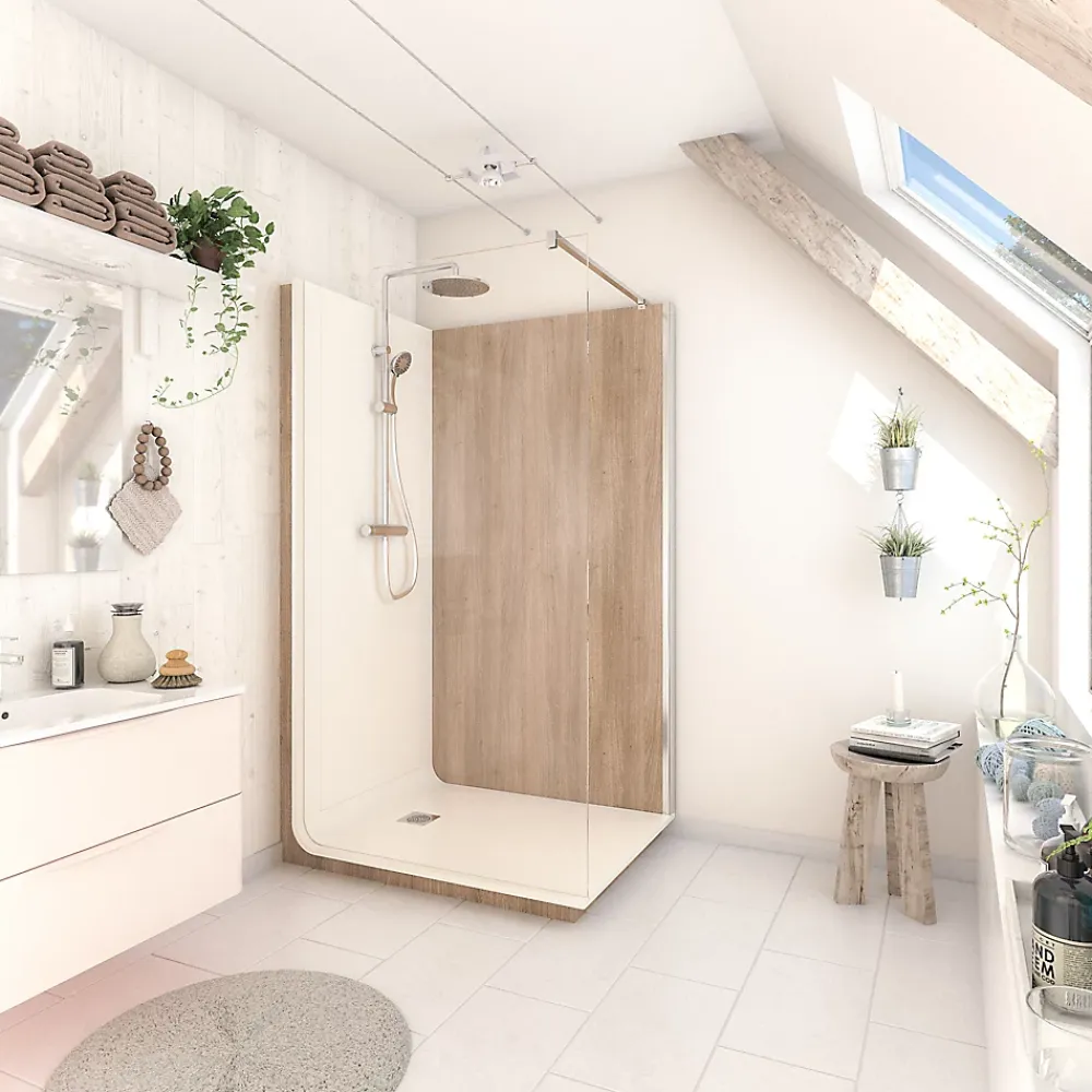 Cabine de douche à l’italienne l.90 x L.120 x H.218 cm – effet bois, receveur de plain-pied, Elmer Serenity