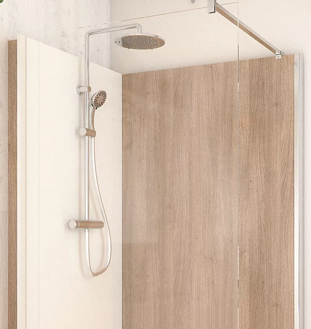 Cabine de douche à l’italienne l.90 x L.120 x H.218 cm – effet bois, receveur de plain-pied, Elmer Serenity