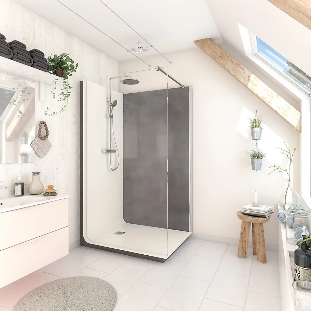 Cabine De Douche Pmr| Cabine de douche à l’italienne l.80 x L.120 x H.218 cm – effet pierre charbon, receveur de plain-pied, Elmer Serenity