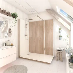 Cabine de douche à l’italienne l.90 x L.170 x H.218 cm – effet bois, receveur de plain-pied, Elmer Serenity