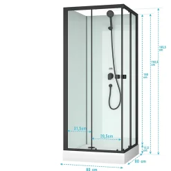Cabine De Douche|Aurlane Cabine de douche carrée 80x80x200 cm - Portes coulissantes - Fonds Blancs & Profilés Noir Mat