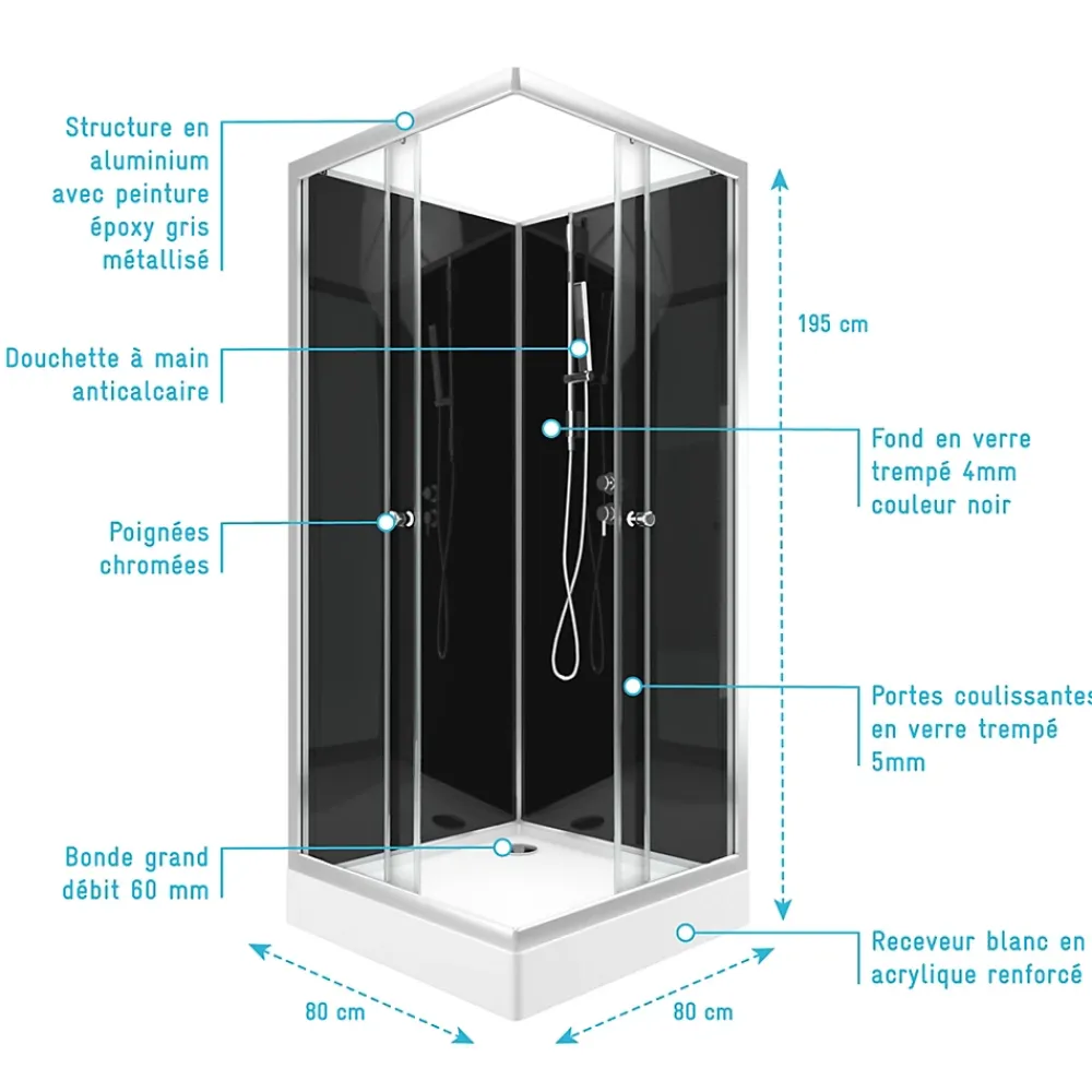 Aurlane Cabine de douche carrée 80x80x195 - Portes coulissantes en verre trempé 5mm - SQUARY BLACK 2