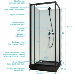 Aurlane Cabine de douche carrée 80x80x200cm - Porte pivotante - Fonds Blancs - Receveur et Profilés Noirs