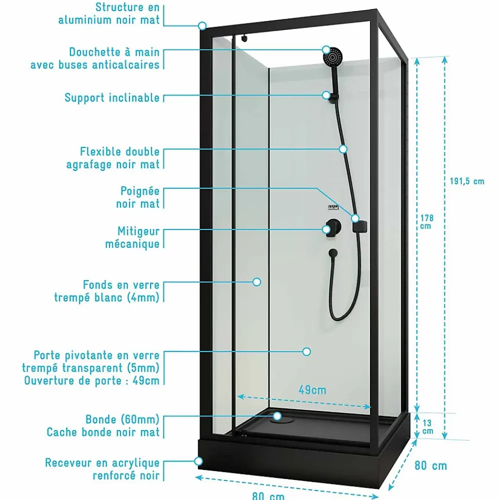 Aurlane Cabine de douche carrée 80x80x200cm - Porte pivotante - Fonds Blancs - Receveur et Profilés Noirs