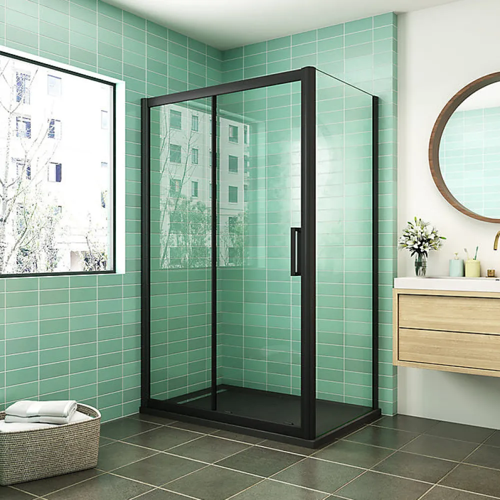 AICA Sanitaire Cabine de douche coulissante avec l'amortisseur - Porte de douche en 8mm verre anticalcaire - profilé noir mat - 110x80x195 cm