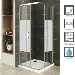 Saniverre Cabine De Douche H180 90x100cm - Verre Centre-opaque Portes Coulissantes Lana+ (sans Receveur) -