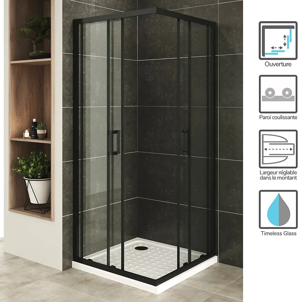 Saniverre Cabine De Douche H180 90x100cm - Verre Transparent Portes Coulissantes Lanablack+ (sans Receveur) -