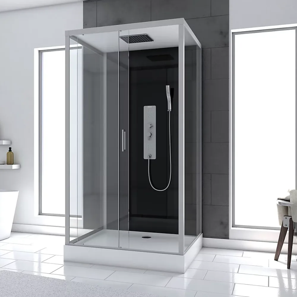 Cabine De Douche|Aurlane Cabine de douche Hydromassante 110x80x215 cm - Fond Noir et Profilés Gris - BLACK STYLE