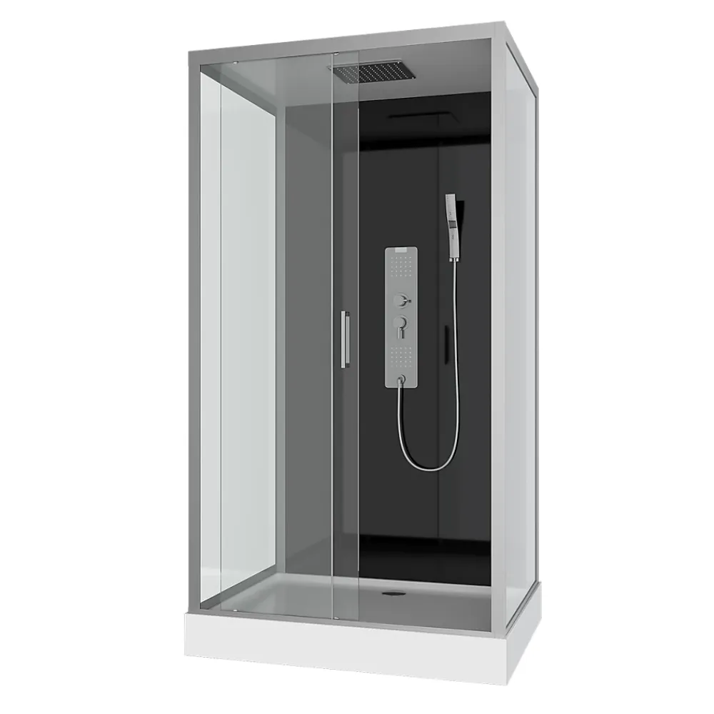 Cabine De Douche|Aurlane Cabine de douche Hydromassante 110x80x215 cm - Fond Noir et Profilés Gris - BLACK STYLE