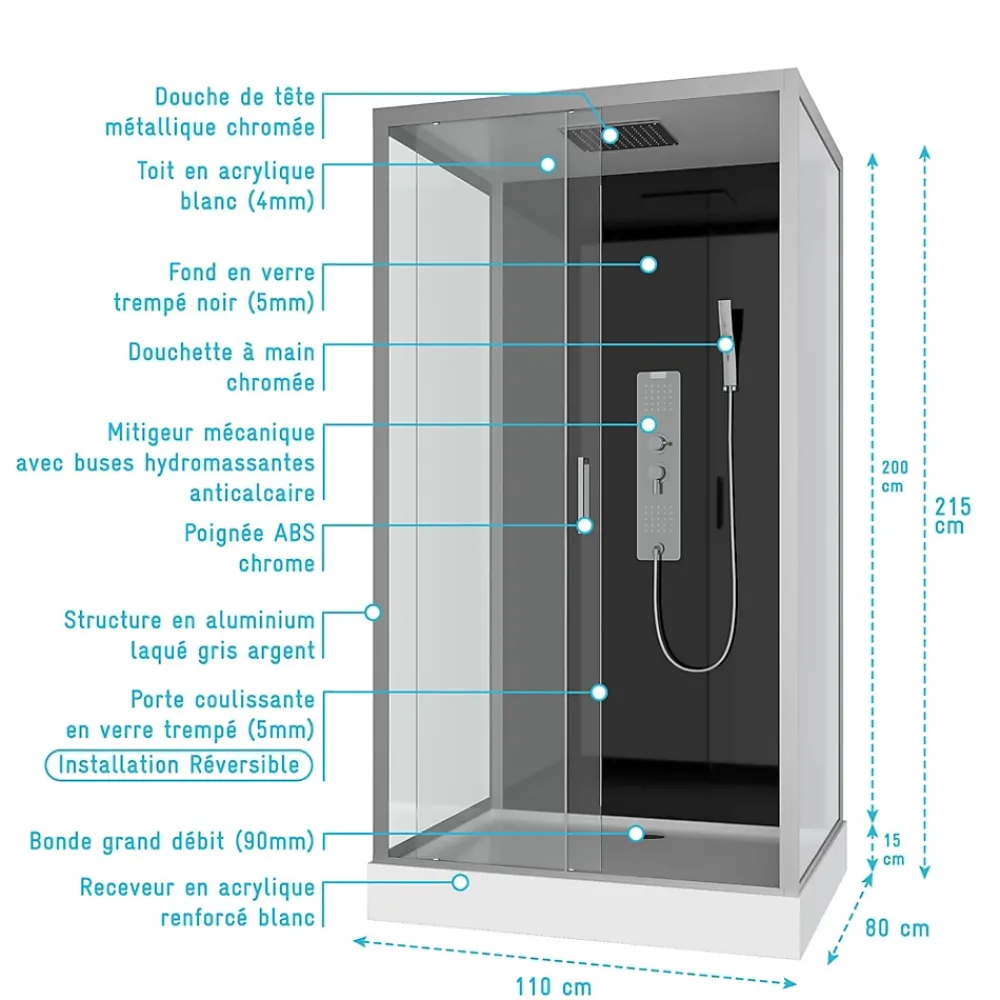 Cabine De Douche|Aurlane Cabine de douche Hydromassante 110x80x215 cm - Fond Noir et Profilés Gris - BLACK STYLE