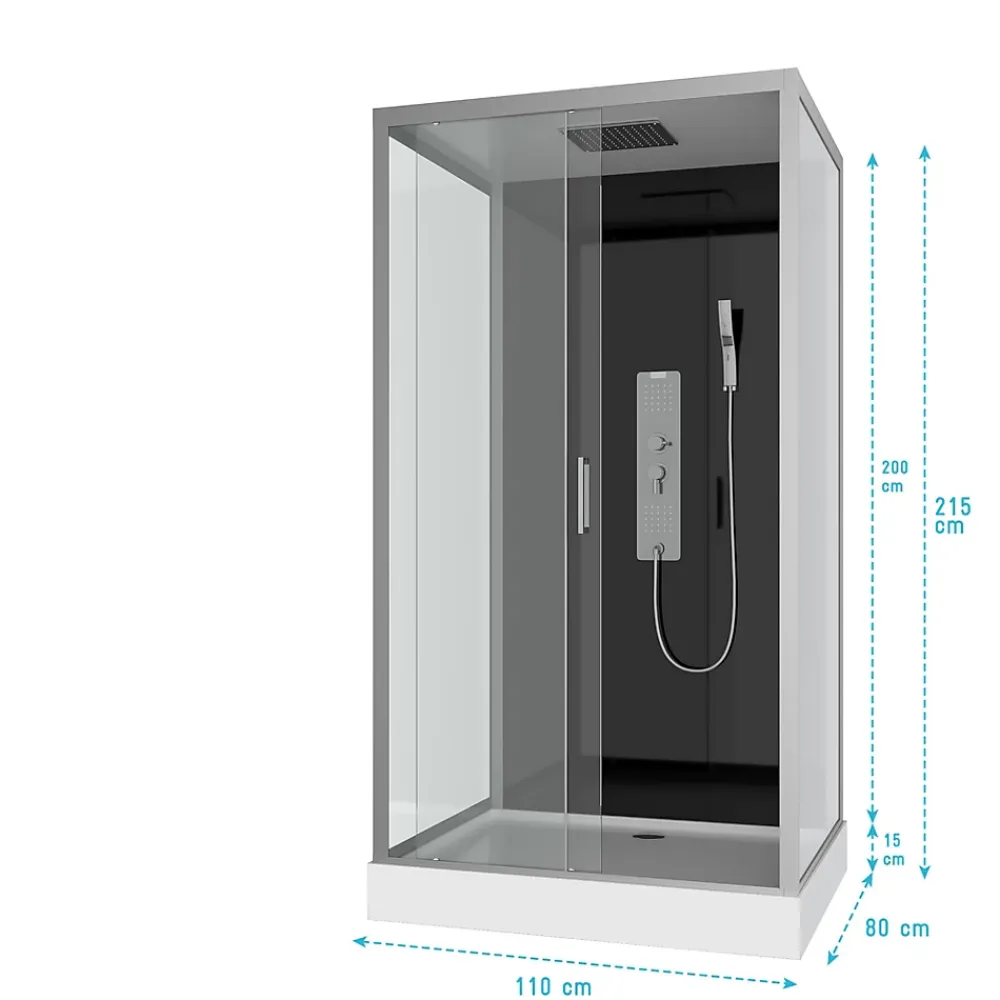 Cabine De Douche|Aurlane Cabine de douche Hydromassante 110x80x215 cm - Fond Noir et Profilés Gris - BLACK STYLE