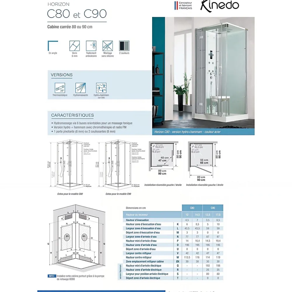Cabine De Douche|Kinedo Cabine de douche hydromassante HORIZON 90x90 hauteur receveur 12,5cm 1 porte pivotante finition acier