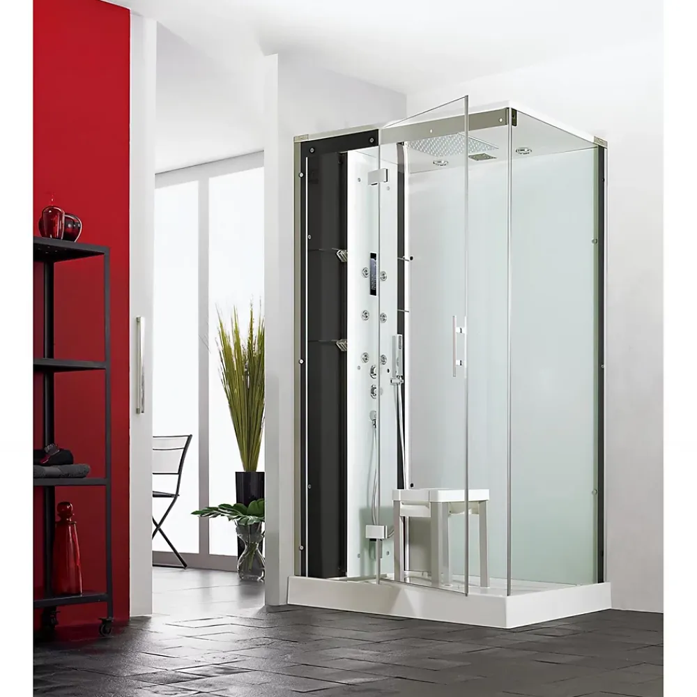 Cabine De Douche|Kinedo Cabine de douche hydromassante et hammam HORIZON 120x120 hauteur receveur 12,5cm 1 porte pivotante finition perle noire