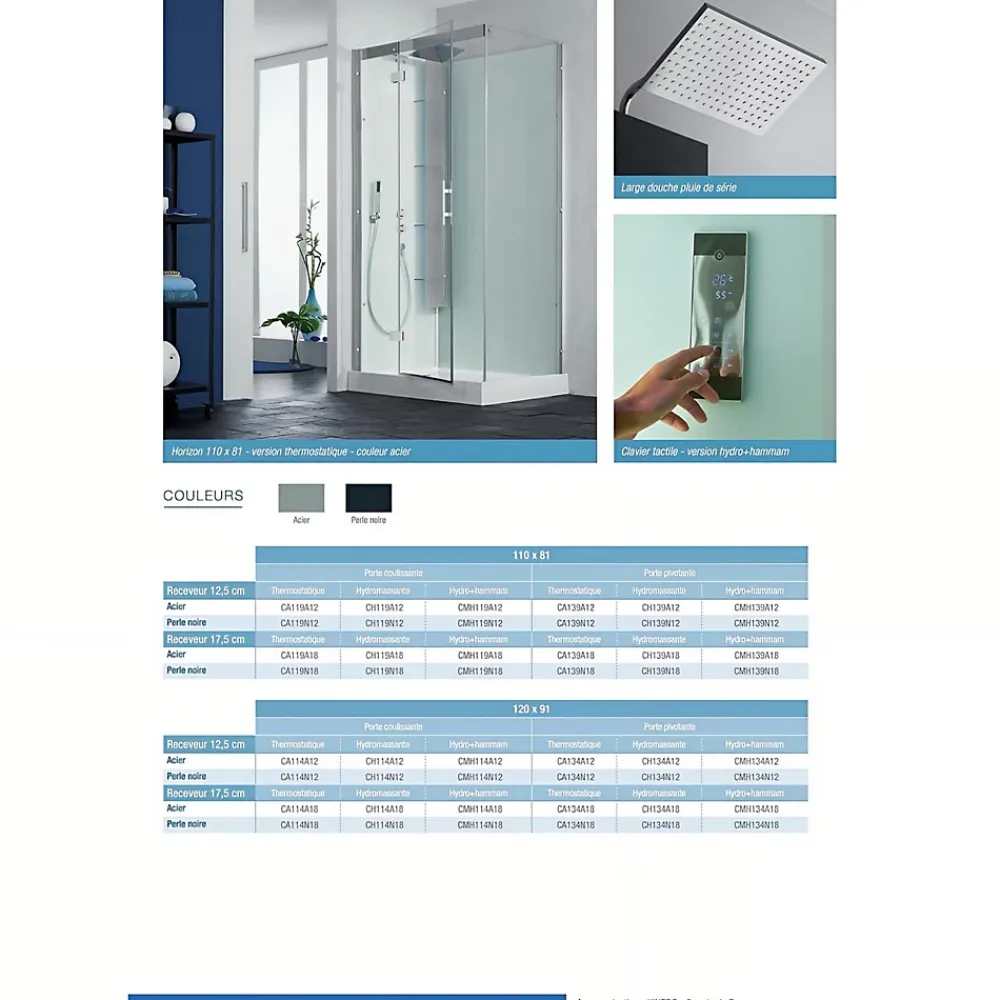 Cabine De Douche|Kinedo Cabine de douche hydromassante et hammam HORIZON 120x120 hauteur receveur 12,5cm 1 porte pivotante finition perle noire