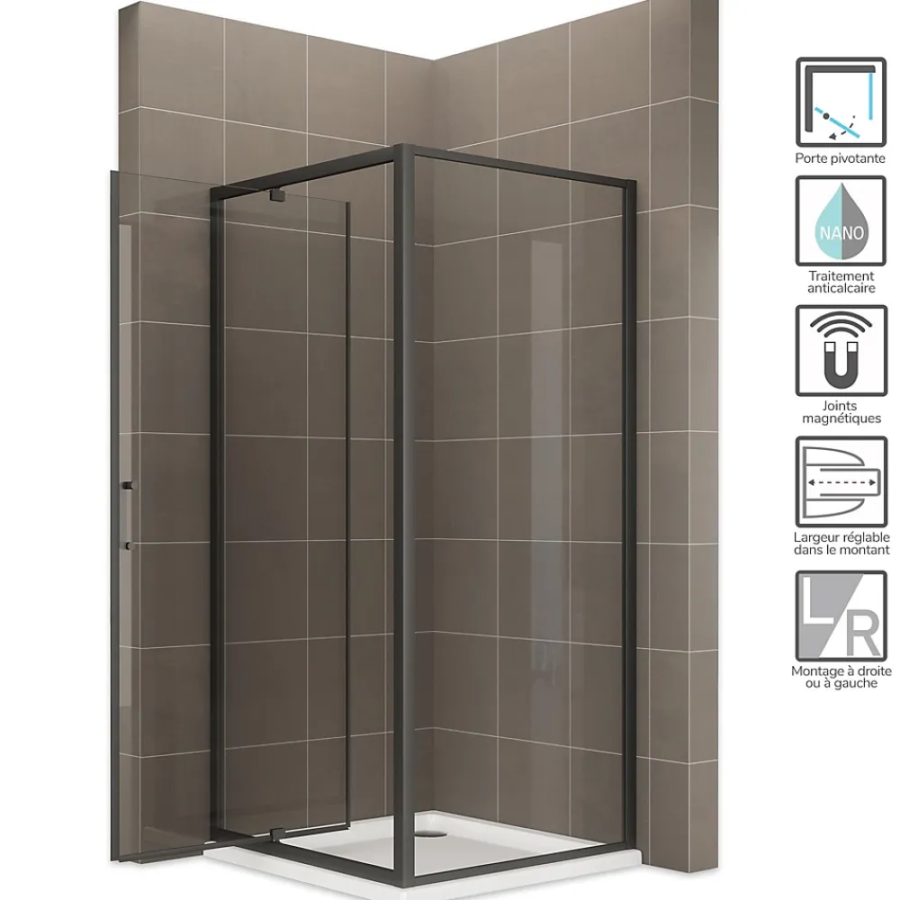 Saniverre Cabine de douche IBEABLACK H.190 cm porte pivotante verre transparent 70 x 80 cm (porte 70) -