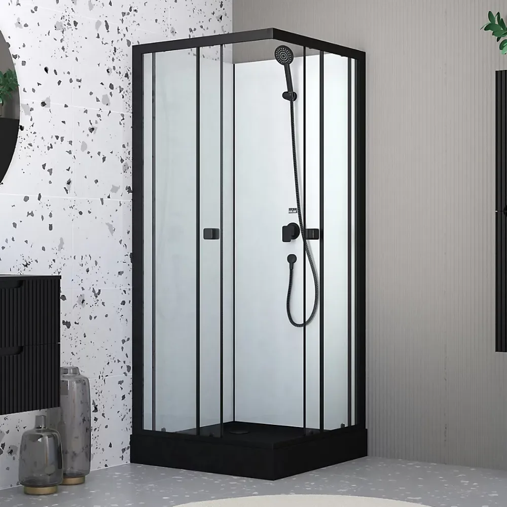 Aurlane Cabine de douche intégrale 80x80x200 cm carrée - Portes coulissantes - Receveur Noir Mat