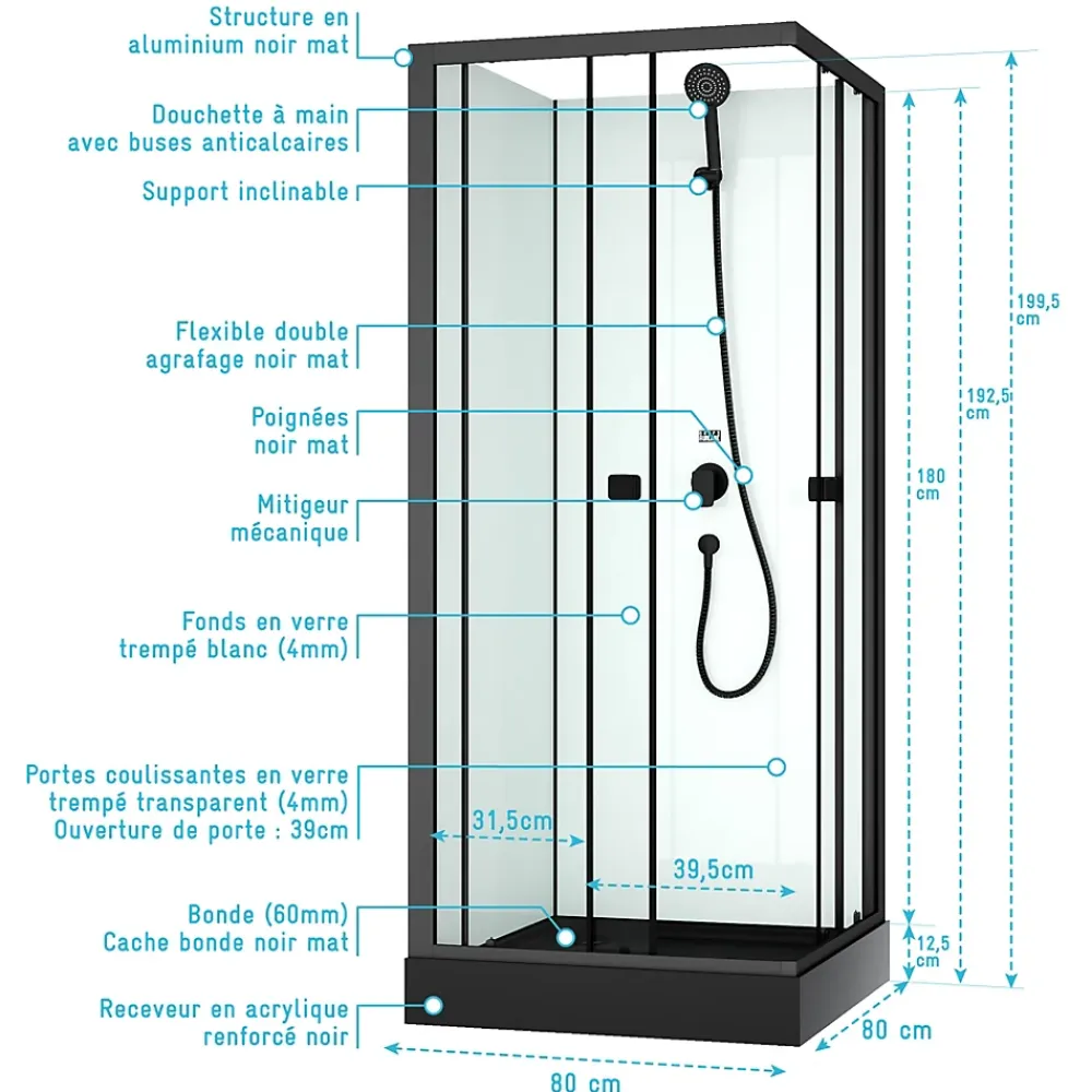 Aurlane Cabine de douche intégrale 80x80x200 cm carrée - Portes coulissantes - Receveur Noir Mat