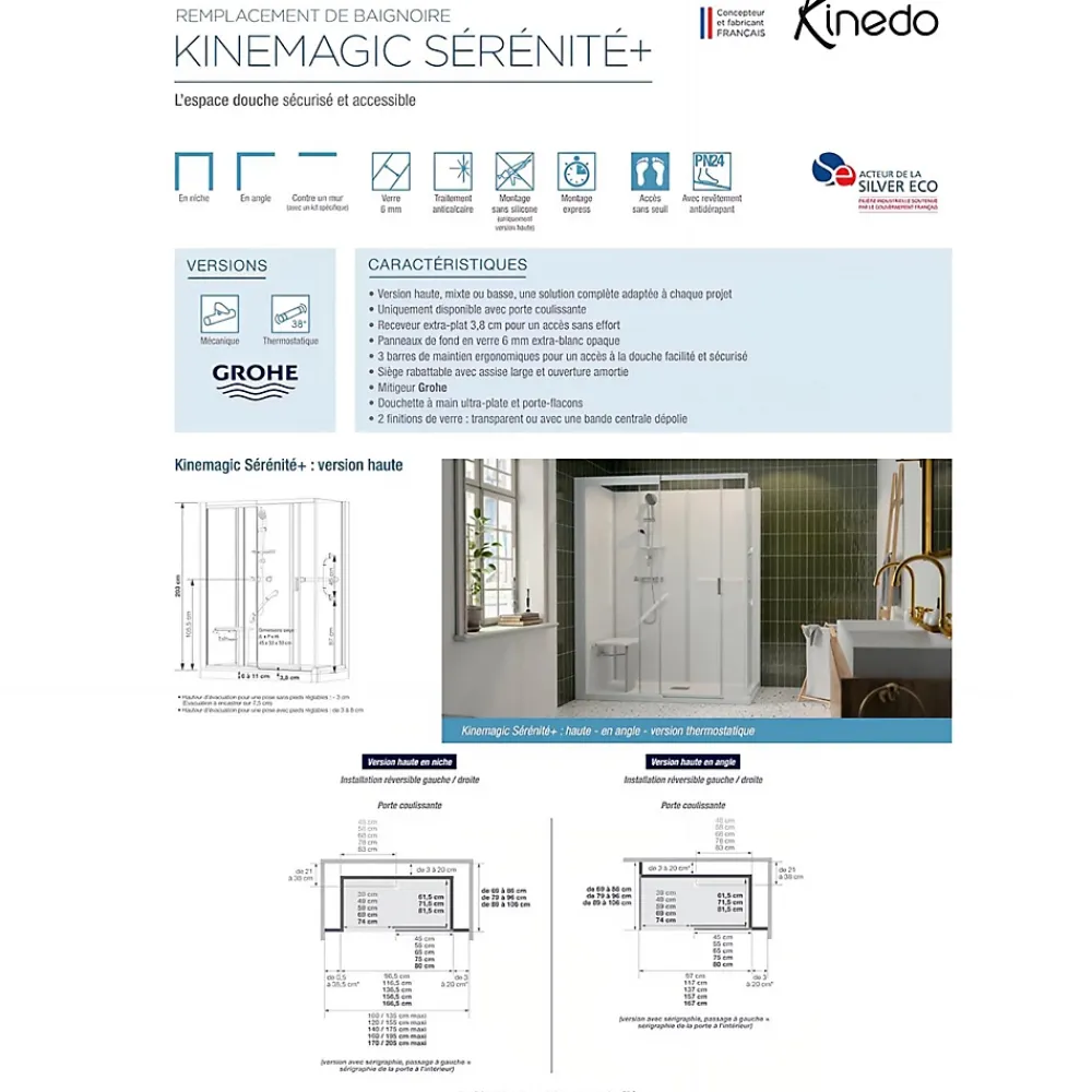Kinedo Cabine de douche Kinemagic Sérénité Plus 170x80 niche mixte coulissante transparent thermostatique