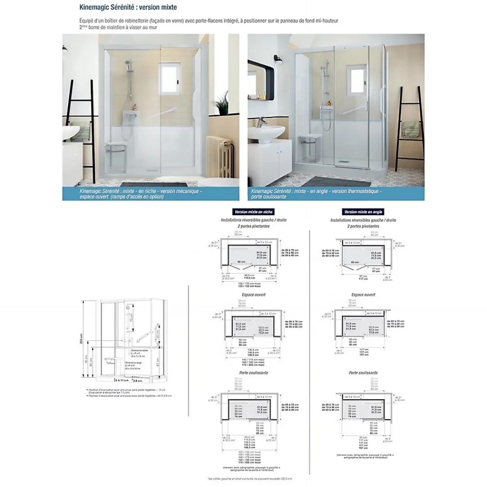 Kinedo Cabine de douche Kinemagic Sérénité 160x70 angle basse solo verre transparent avec mitigeur