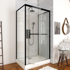 Galedo Cabine de douche l.80 x L.110 x H.230 cm – porte pivotante, style industriel noir & blanc avec profilés noirs, City