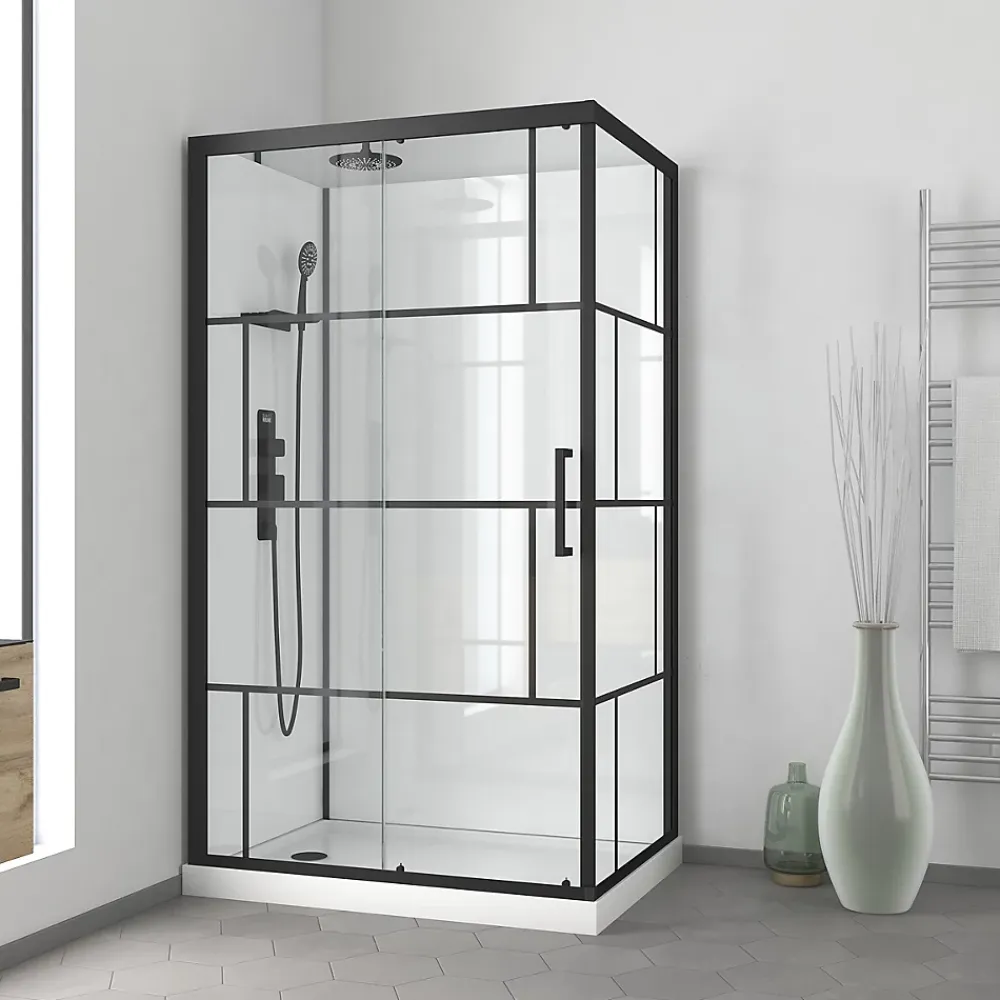 Galedo Cabine de douche l.80 x L.110 x H.210 cm – mitigeur mécanique, blanc et noir effet verrière, Graphic