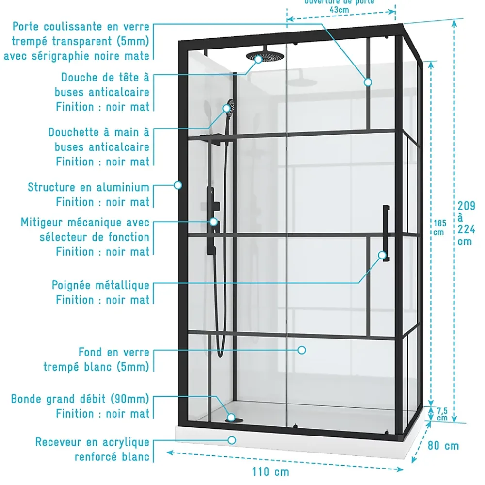 Galedo Cabine de douche l.80 x L.110 x H.210 cm – mitigeur mécanique, blanc et noir effet verrière, Graphic