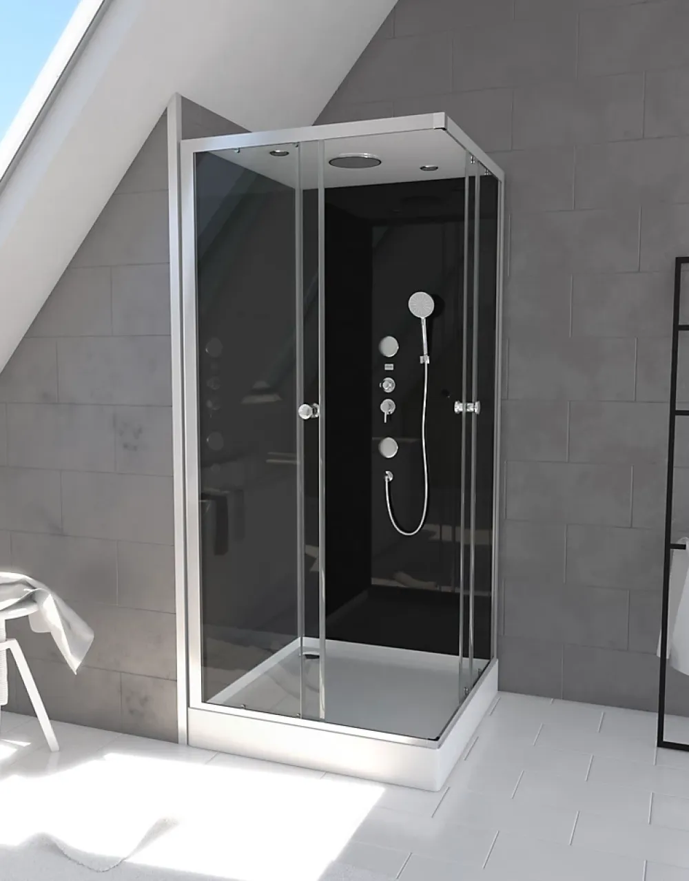 Cabine De Douche|Galedo Cabine de douche l.90 x L.90 x H.215 cm – hydromassante, fond noir verre trempé, profilés chromés, tablette, Black 2